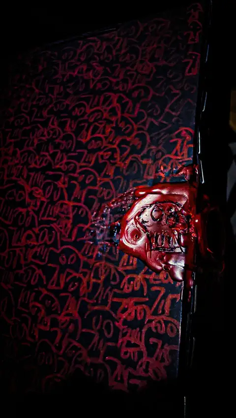 Sello de cera rojo sobre la tapa de una caja cubierta de calaveras